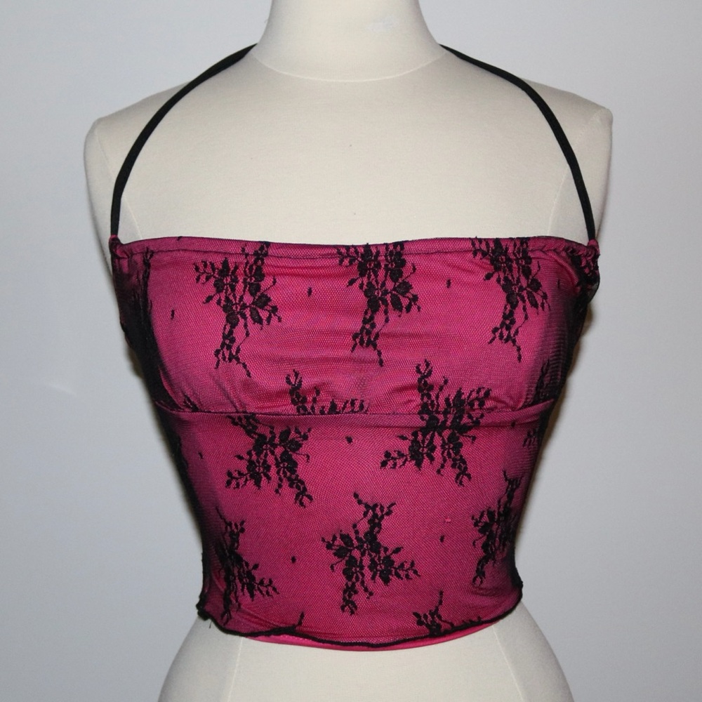 Hot pink halter crop top with black lace and removable strap